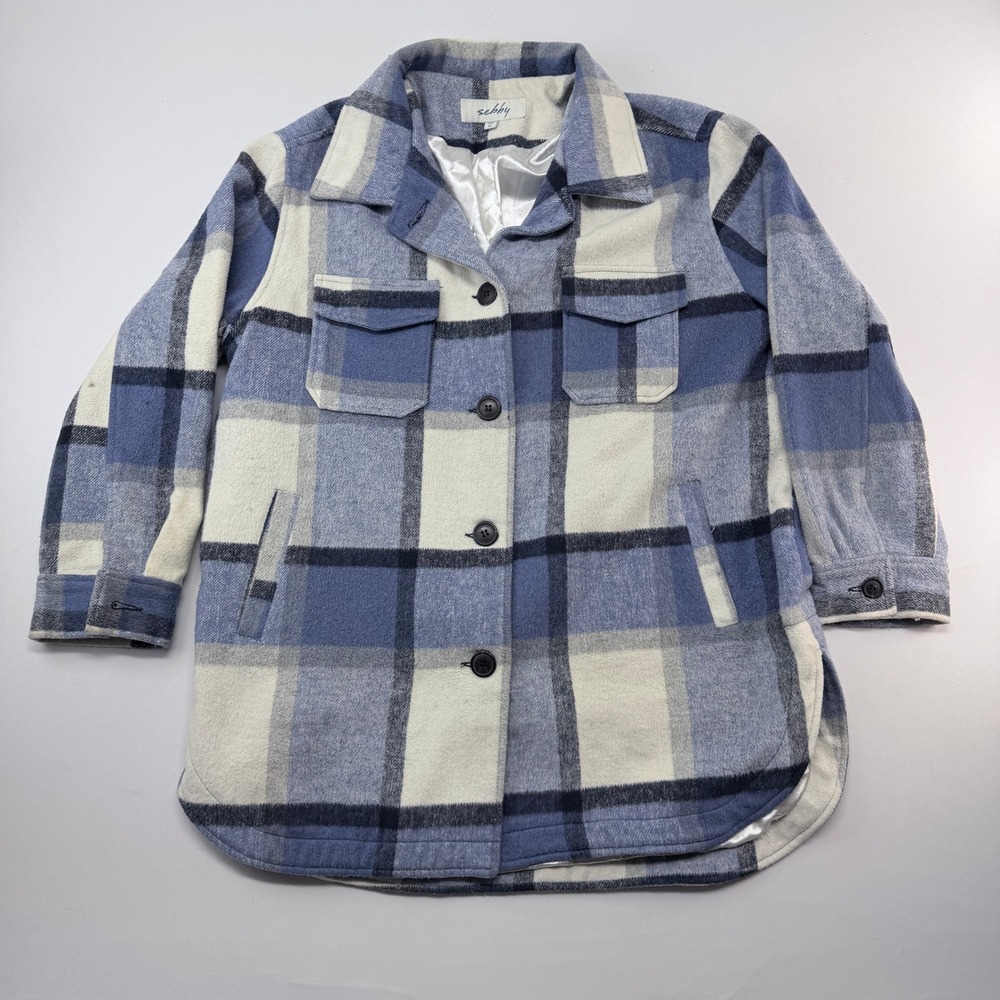Sebby Blue Plaid Shacket Womens XL Fleece Button Front Pocket Shirt Jacket Coat